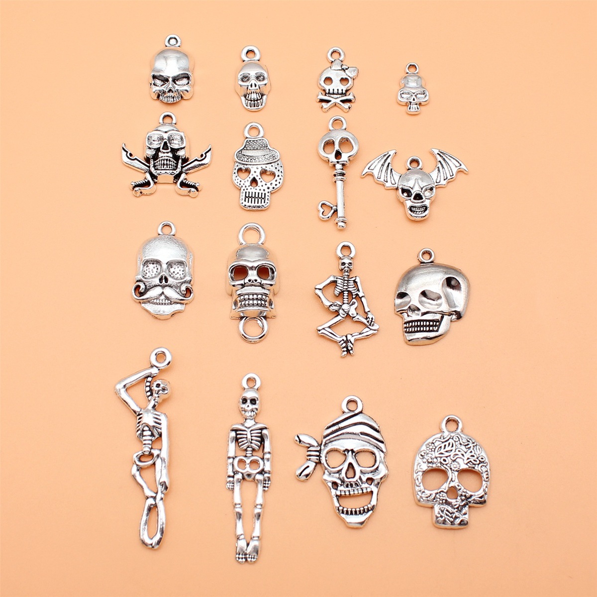 Vintage Collectible Jewelry - 16pcs Antique Silver Color Skull Skeleton